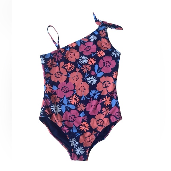 Gap Kids One-Piece Swimsuit One Shoulder Look Navy Bright Floral Girl XXL New - Picture 1 of 3
